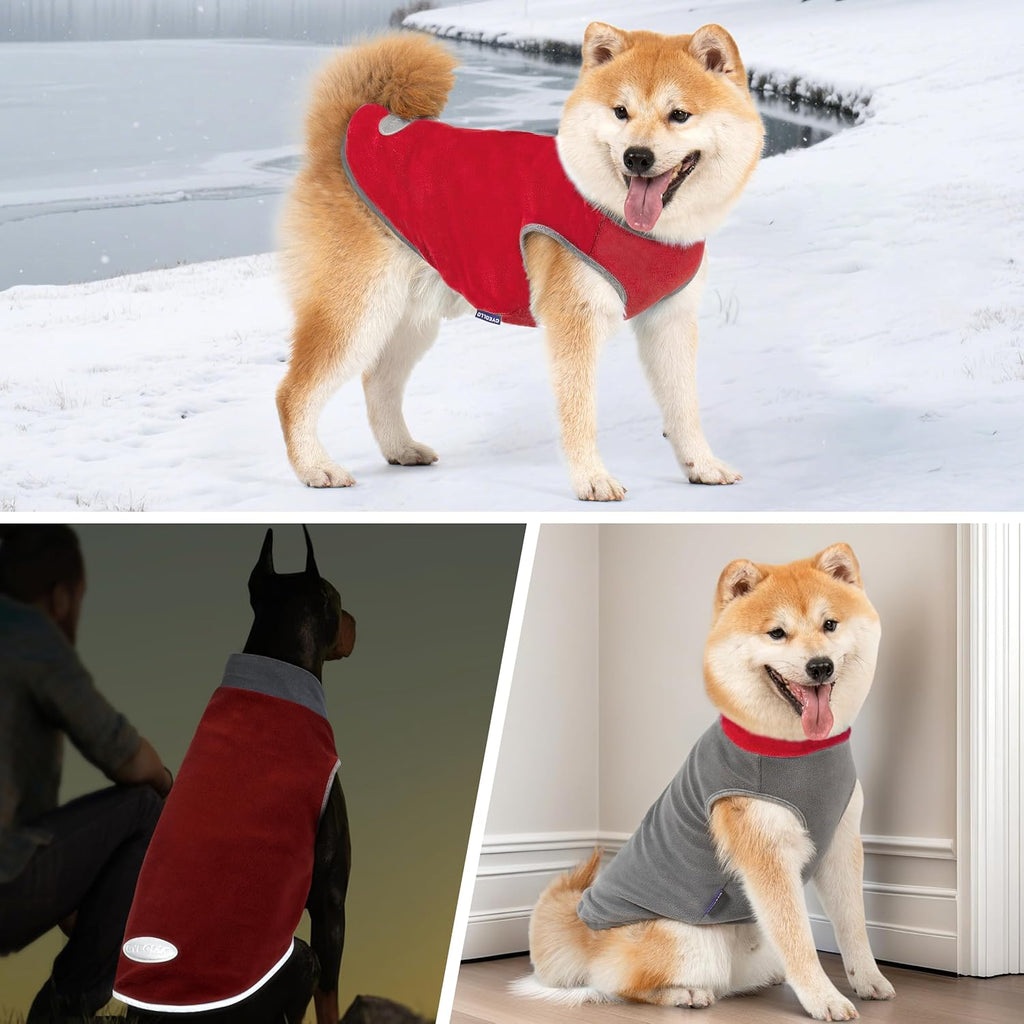 2 Pack Dog Sweater Sweatshirt Stretchy Fleece Vest Pullover Dog Jacket with Reflective Stripe Lightweight Pet Coats Sweaters for Small Dogs, Red & Grey XL